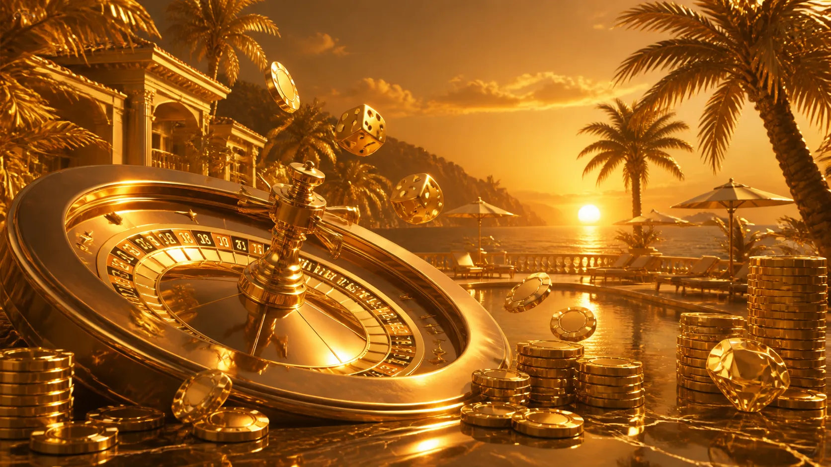 A luxurious Villaspin casino-themed hero banner featuring a roulette wheel with glowing lights, stacked poker chips, and eleg